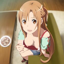 artist_request breasts cleavage edit female nipples offering offering_to_viewer pov pov_eye_contact presenting presenting_breasts shirt_pull smile sword_art_online yuuki_asuna