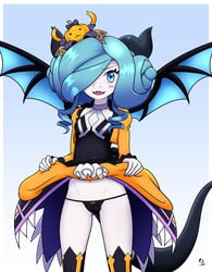 bat_wings blue_eyes blue_hair blush costume cygames dragalia_lost dragon dragon_girl dragon_horns hair_bun halloween halloween_costume horn kneehighs looking_at_viewer monosex monster_girl nintendo one_eye_covered pale_skin panties silke skirt_lift small_breasts smile tail wings