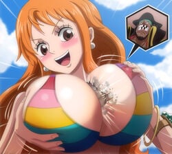 1girls between_breasts bikini blush breasts color destruction difference female giantess huge_breasts larger_female macro male marshall_d_teach nami one_piece orange_hair rainbow_bikini shounen_jump smaller_male smiling squeezing_breast thedaibijin