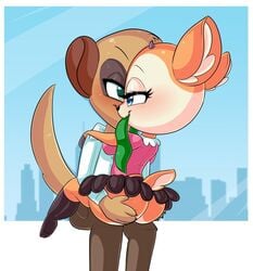 aggressive_retsuko antelope anthro ass big_butt blue_eyes bovid butt_grab chief_komiya city city_background claws clothing clothing_in_mouth couple_(disambiguation) duo eye_contact faeriebottle female female_on_top gazelle green_eyes half-closed_eyes hand_on_butt herpestid komiya legwear looking_at_another male male/female mammal meerkat narrowed_eyes on_lap on_top sanrio sitting sitting_on_lap smile smooth_skin thigh_highs tsunoda upskirt