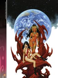 2girls a_princess_of_mars barsoom black_hair blue_eyes boots crossover dejah_thoris fit_female gold_pasties green_eyes headdress holding_weapon hourglass_figure joe_jusko john_carter_of_mars large_breasts loincloth long_hair looking_at_viewer martian official_art pasties pink_skin revealing_clothes royalty sword thighlet vampire vampirella voluptuous