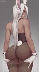 1girls ass ass_support big_ass bunny_ears bunny_tail bunnysuit eyebrows female gloves grabbing_own_ass long_hair looking_at_viewer looking_back miruko my_hero_academia presenting_hindquarters red_eyes rumi_usagiyama shellvi solo standing stockings thick_thighs thighs white_hair