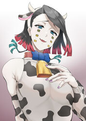 alternate_costume androgynous bare_shoulders black_hair blue_eyes bowtie cow_boy cow_ears cow_horns cow_print cow_print_armwear cowbell demon_boy demon_slayer enmu facial_markings kimetsu_no_yaiba male male_only multicolored_hair nail_polish purple_nails smile solo upper_body white_skin