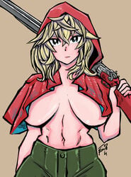 1girls abs blonde_hair double-barreled_shotgun female_only green_eyes grimm_(red_hood) gun hood hunter's_guild:_red_hood large_breasts long_hair looking_at_viewer neutral_expression pants red_hood shotgun the_hunters_guild:_red_hood tomboy_sama weapon