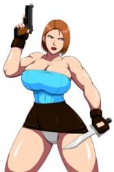 big_breasts blue_eyes breasts brunette female jill_valentine jill_valentine_(julia_voth) large_breasts lipstick moyashi muscular_female pale_skin panties plump png resident_evil resident_evil_3 short_hair skirt solo sweat thick thick_thighs tubetop voluptuous wide_hips