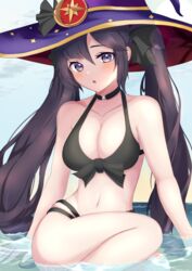 1girls alternate_costume bikini breasts female genshin_impact hat long_hair looking_at_viewer mona_(genshin_impact) ocean open_mouth outdoors outside purple_eyes purple_hair solo swimsuit twintails water white_skin xingkong