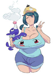 1girls big_breasts blue_eyes blue_hair breasts clothing freckles gigantic_breasts human lana's_mother_(pokemon) milf mob_face nintendo pokemon pokemon_sm popplio psyduck slb squirtle tied_hair