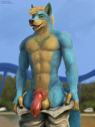 2021 3:4 absurd_res animal_genitalia animal_penis anthro balls big_balls big_penis blonde_hair blue_body blue_fur canid canine canine_penis clothed clothing digital_media_(artwork) erection fur genitals green_body green_fur hair hi_res knot looking_at_viewer male male_focus male_only mammal multicolored_body multicolored_fur pants_down partially_clothed penis purple_eyes red_penis solo text url virtyalfobo yellow_body yellow_fur