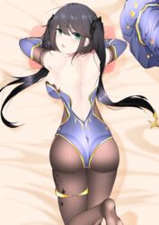 1girls aqua_eyes ass bed bedsheets black_hair clothed clothing dakimakura female genshin_impact gloves long_hair looking_at_viewer mona_(genshin_impact) on_bed open_mouth samip sideboob solo tongue_out twintails white_skin