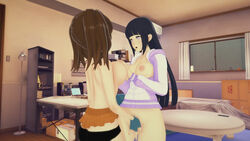 16:9 3d ass big_breasts black_panties breasts brown_hair dark_hair diane_(nanatsu_no_taizai) fingering fingerless_gloves hand_on_breast hyuuga_hinata indoors koikatsu light_skin long_hair looking_at_another looking_at_partner medium_hair nanatsu_no_taizai naruto open_eyes open_mouth partially_clothed room seven_deadly_sins