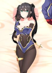 1girls aqua_eyes bed bedsheets black_hair breasts clothed clothing dakimakura female genshin_impact gloves long_hair mona_(genshin_impact) on_bed samip solo twintails vagina_visible_through_clothing white_skin