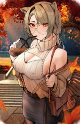 1girls absinthe_(arknights) animal_ears arknights bare_shoulders breast_cutout breasts casual_clothes casual_clothing cleavage cleavage_cutout cutout drink drinking erect_nipples female female_focus female_only glasses looking_at_viewer naokomama nipple_bulge nipples nipples_visible_through_clothing red_eyes round_glasses skirt solo solo_female solo_focus standing