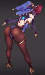 1girls ass bent_over blue_eyes bubble_butt clothed clothing dat_ass female genshin_impact gold_heels hat heels high_heels lipstick long_hair looking_at_viewer melusmelon mona_(genshin_impact) purple_hair sideboob solo twintails