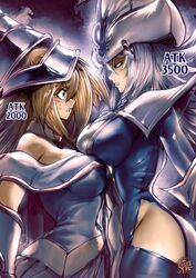 2girls big_breasts blonde_hair blue_eyes blush_stickers breast_size_difference breasts_to_breasts dark_magician_girl english_text eye_contact female female_only hi_res long_hair narrowed_eyes silent_magician size_difference text thegoldensmurf yu-gi-oh!