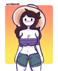 2020s 2021 blush booty_shorts brown_hair denim_shorts exposed_belly front_view gradient_background jaiden jaiden_animations jaidenanimations long_hair mob_face navy_blue_bottomwear octoramune panties purple_underwear shorts solo solo_female standing sun_hat sunset tomboy watermark western_cartoon white_skin youtube youtuber