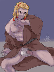 blonde_hair body_hair boner bulge demon_slayer dilf erection erection_under_clothes facial_hair fundoshi kimetsu_no_yaiba kimono kimono_down looking_at_viewer male male_only muscular nipples open_kimono penis pubic_hair rengoku_shinjurou sitting solo sweat tenting two_tone_hair