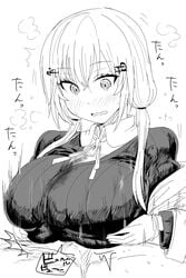 1boy 1girls alternate_breast_size big_breasts black_and_white blush breast_grab breast_hold breasts cum_between_breasts ejaculation_between_breasts engulfing_paizuri greyscale hakase_fuyuki huge_breasts japanese_text kaiman_garupan large_breasts nijisanji paizuri paizuri_lead_by_female paizuri_on_lap paizuri_under_clothes straight sweat text translation_request virtual_youtuber