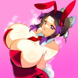 arms_behind_back big_breasts black_hair breasts_bigger_than_head bunny_ears bunny_tail bunnysuit butterfly_hair_ornament cleavage demon_slayer enormous_breasts female female_only heart-shaped_pupils huge_breasts kimetsu_no_yaiba kochou_shinobu looking_at_viewer necktie perepere-kun pink_background purple_eyes solo steam sweat two_tone_hair