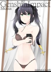 1girls alternate_costume black_hair bra breasts crossed_arms female genshin_impact green_eyes holding holding_object holding_phone medium_hair mirror mirror_selfie mona_(genshin_impact) panties phone samip solo twintails vagina_visible_through_clothing white_skin