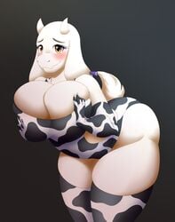 1girls anthro blush breast_squeeze breast_squish breasts cleavage cow_print dazadoop ear_tag female female_only furry hands_on_breasts heart_in_eye horns huge_breasts huge_thighs large_breasts leaning_forward leotard looking_at_viewer milf pressing_breasts_together smile solo thick_thighs thighhighs toriel undertale white_fur yellow_eyes