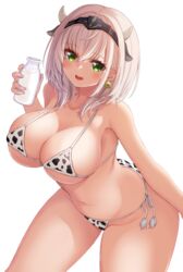 2021 ako_suke animal_print bikini bikini_bottom bikini_top blush bottle breasts cleavage cow_bikini cow_horns cow_print female green_eyes headgear highres holding holding_object hololive hololive_fantasy hololive_japan horns huge_breasts large_breasts looking_at_viewer milk milk_bottle mole mole_on_breast navel open_mouth shirogane_noel short_hair side-tie_bikini silver_hair simple_background solo standing swimsuit thick_thighs thighs virtual_youtuber white_background