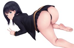 all_fours ass barefoot bent_over black_hair black_panties black_skirt black_underwear blazer blue_eyes expressionless feet female high_resolution jacket legs lingerie long_hair long_sleeves microskirt miniskirt panties pantsu pixiv_id_28249603 school_uniform simple_background skirt solo ssss.gridman sweater tagme takarada_rikka thong toes underwear uniform v white_background yoyuki