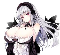 1girls areola_slip big_breasts black_clothing black_dress doll doll_joints female long_hair red_eyes rozen_maiden solo suigintou tagme tousen white_hair wings