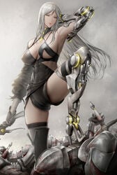 cyborg gayle_(nier) nier_reincarnation nipple_bulge prosthetic_arm underboob white_hair