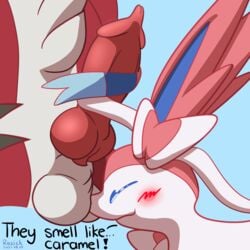 1:1 2021 absurd_res ambiguous_gender animal_genitalia animal_penis anthro anthro_on_feral ball_sniffing balls blue_background blush canine_penis dated dialogue duo eeveelution english_text eparihser erection feral fur genitals hi_res knot lycanroc male male/ambiguous male_midnight_lycanroc midnight_lycanroc nintendo penis pokémon_(species) pokemon red_body red_fur risenne sheath simple_background sniffing sylveon text tullem video_games white_body white_fur zoophilia