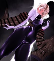 1girls 2boys ahemaru black_skin blonde_hair dark-skinned_male eyebrow_piercing female gwen_stacy huge_cock interracial light-skinned_female male marvel penis spider-gwen spider-man:_into_the_spider-verse spider-man_(series)