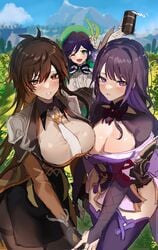 3girls big_breasts blush breasts brown_eyes female female_only genderswap genderswap_(mtf) genshin_impact green_eyes huge_breasts large_breasts male_to_female multiple_girls nam76num purple_eyes raiden_shogun rule_63 smile thighhighs venti_(genshin_impact) yavalley yuri zhongli_(genshin_impact) zhongli_jiejie