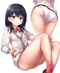 ale_nqki ass bangs bent_knees black_hair black_skirt blue_eyes blush bow bowtie breasts buttons cameltoe cardigan closed_mouth female female_only hand_in_pocket high_resolution hip_focus hips knees_up legs legwear light_background lingerie long_hair long_sleeves looking_at_viewer medium_breasts medium_hair microskirt miniskirt multiple_views panties pantsu pixiv_id_14212838 pleated_skirt red_bow red_legwear red_neckwear school_uniform scrunchie short_hair simple_background sitting skirt socks solo ssss.gridman sweater swept_bangs tagme takarada_rikka thighs underwear very_high_resolution white_background white_panties white_sweater white_underwear wrist_scrunchie