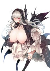 1girls areolae big_breasts black_clothing black_wings doll doll_joints dress exposed_breasts female goth gothic grey_hair lactation light-skinned_female light_skin long_hair milk nipples red_eyes rozen_maiden solo suigintou tagme white_hair wings