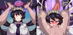 1boy 1girls ? absurd_res big_breasts blowjob blush breasts captain_kirb clothed_female_nude_male face_between_thighs feet female filia_(skullgirls) forced_oral half-closed_eyes heart-shaped_pupils high_resolution leg_lock leg_lock_fellatio oral penis red_eyes saliva samson_(skullgirls) sharp_teeth skullgirls speech_bubble tentacle_hair text thighs