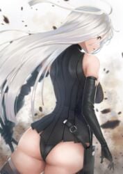 absolute_territory ass gayle_(nier) looking_back nier_(series) nier_reincarnation prosthetic_arm short_skirt tachibana_yuu thick_thighs white_hair