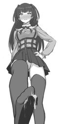 1boy bangs blush breasts cum feet female footjob gomu_(chewinggom) greyscale highres idolmaster idolmaster_shiny_colors long_hair long_sleeves looking_at_viewer mayuzumi_fuyuko medium_breasts monochrome open_mouth penis skirt straight thighhighs two_side_up