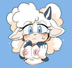 1girls big_breasts blue_background blue_eyes breast_press breast_squeeze breasts female female_only furry idw_comics idw_publishing lanolin_the_sheep looking_at_viewer mobian_(species) nipples pink_nipples pressing_breasts_together sega sheep sheep_ears sheep_girl sheep_horns sheep_humanoid simple_background solo solo_female sonic_(series) sonic_the_hedgehog_(comics) sonic_the_hedgehog_(idw) sonic_the_hedgehog_(series) tory_(tory29) uyu white_fur white_hair