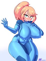 1girls bodysuit breasts cuchuflin female female_only huge_breasts looking_at_viewer metroid nintendo samus_aran solo thick_thighs wide_hips zero_suit zero_suit_samus