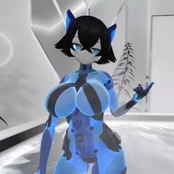 android animated big_breasts black blue_eyes breasts female gif hair hips motion_capture robot text vrchat_avatar yogurt_cap