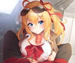 1boy ahoge aqua_eyes blonde_hair blue_eyes blush breast_squeeze breasts censored cleavage collared_shirt dress_shirt eyebrows_visible_through_hair eyewear_on_head female girls'_frontline gradient_eyes hair_between_eyes hair_ornament hair_ribbon hairclip kalina_(girls'_frontline) large_breasts long_hair looking_at_viewer maze_yuri mosaic_censoring multicolored multicolored_eyes open_clothes open_shirt orange_hair paizuri paizuri_under_clothes penis pov pov_crotch red_ribbon red_shirt ribbon shirt side_ponytail smile solo_focus straight sunglasses white_shirt x_hair_ornament