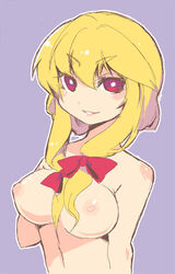 blonde_hair blush bow eyebrows_visible_through_hair female large_breasts long_hair looking_at_viewer mzh red_eyes smile solo touhou yukari_yakumo