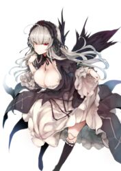 1girls big_breasts black_clothing black_wings doll doll_joints dress female goth gothic grey_hair long_hair red_eyes rozen_maiden smile solo suigintou tagme white_hair wings