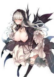 1girls areolae big_breasts black_clothing black_wings doll doll_joints dress exposed_breasts female goth gothic grey_hair light-skinned_female light_skin long_hair nipples red_eyes rozen_maiden solo suigintou tagme white_hair wings