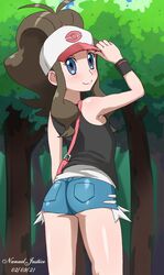 1girls 2021 ass female female_only hat hilda_(pokemon) jean_shorts light-skinned_female light_skin looking_back minishorts nanaeljustice nintendo pokemon pokemon_bw