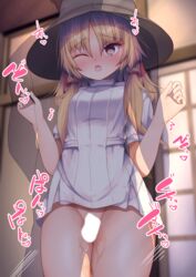 bangs blank_censor blonde_hair blurry blurry_background blush censored clothed_female_nude_male commentary_request cowboy_shot darumoon depth_of_field dress empty_eyes eyebrows_visible_through_hair eyelashes female hair_ribbon hat heart heart-shaped_pupils highres hypnosis indoors long_hair mind_control no_panties nude parted_bangs pussy pussy_juice pussy_juice_on_leg red_ribbon reward_available ribbon sex short_dress short_sleeves sidelocks speed_lines standing standing_sex suwako_moriya symbol-shaped_pupils thick_thighs thighs touhou vaginal_penetration white_dress yellow_eyes