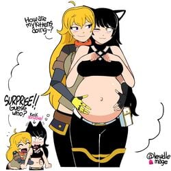 2girls animated belly_rub big_belly big_breasts blake_belladonna canon_couple cat_ears catgirl exposed_belly fetal_movement kicking lewdlemage no_sound pregnant rwby tagme text video yang_xiao_long yuri