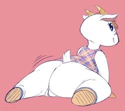 animal_crossing ass big_ass bottomless chevre_(animal_crossing) female freckles fur furry furry_only goat horns motion_lines nintendo partially_clothed pussy seldom tail thick_thighs topwear video_games wide_hips