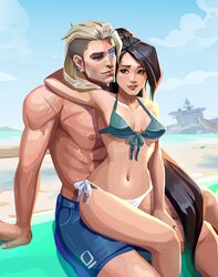 1boy 1boy1girl 1girls 2d absurd_res alternate_version_available beach bikini female hourglass_figure light-skinned_female light-skinned_male light_skin male medium_breasts perky_breasts riot_games sage_(valorant) side-tie_panties sitting_on_lap soaplady141 sova_(valorant) swimming_trunks swimsuit swimwear valorant