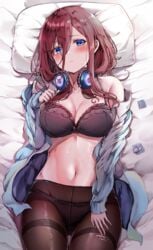 bangs bed bed_sheet blue_cardigan blue_eyes blush bra breasts brown_hair cardigan cleavage closed_mouth collared_shirt condom eyebrows_visible_through_hair female go-toubun_no_hanayome hair hair_between_eyes headphones headphones_around_neck high_resolution lace lace-trimmed_bra lace_bra lace_trim large_breasts large_filesize long_hair long_sleeves looking_at_viewer lying nakano_miku on_back open_clothes open_shirt panties_under_pantyhose pantyhose pillow pouting sak sak_(lemondisk) shirt sweat sweater torn_clothes torn_legwear underwear very_high_resolution viewed_from_above white_shirt