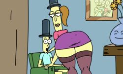 1boy 1girls 2d armchair ass_in_dress big_ass brown_hair canon_couple curvaceous diklonius female high_ponytail huge_ass husband_and_wife indoors male miniskirt mr._poopy_butthole rick_and_morty sitting skirt stockings thick_thighs thighhighs top_hat voluptuous yellow_skin zettai_ryouiki